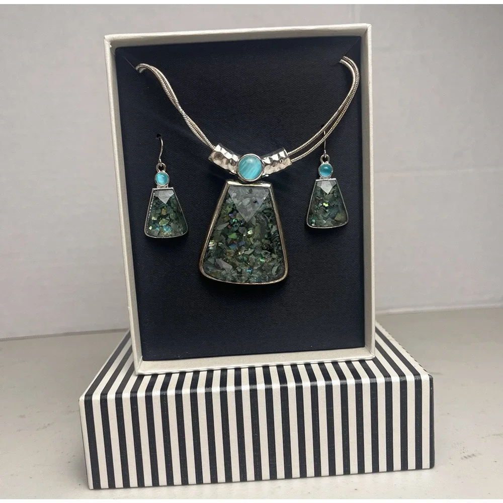 Faux Abalone Mosaic Turquoise Necklace Earring Set Silver Tone Western Costume